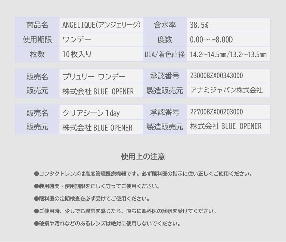 アンジェリーク ワンデー 商品情報