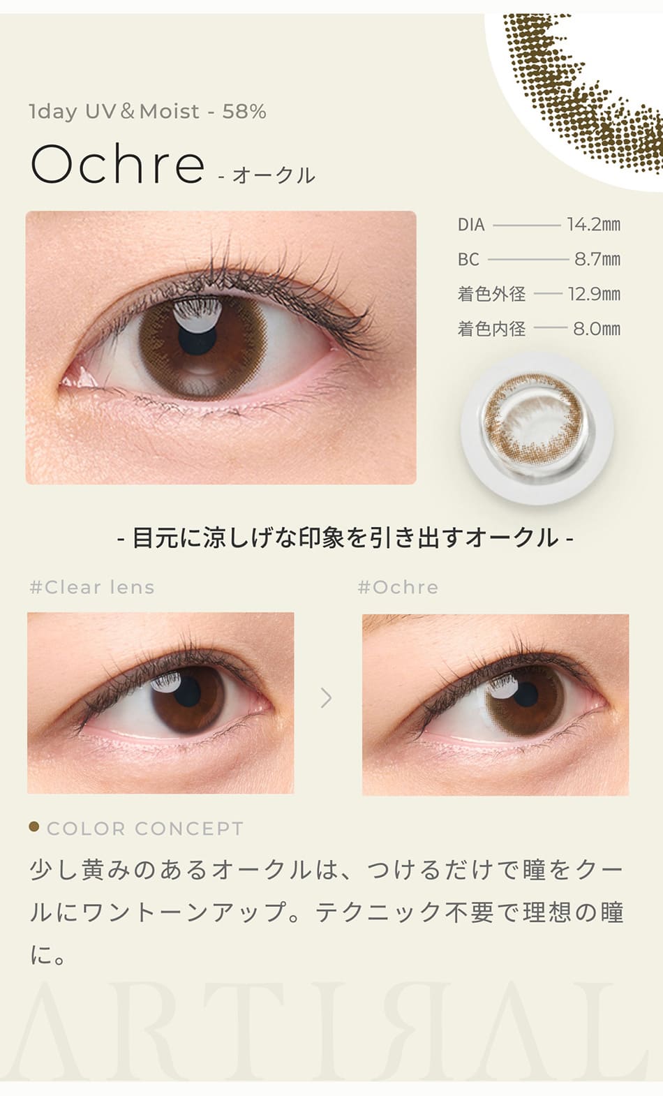 アーティラル ワンデー UV＆Moist（58%）【30枚入】オークルレンズ詳細