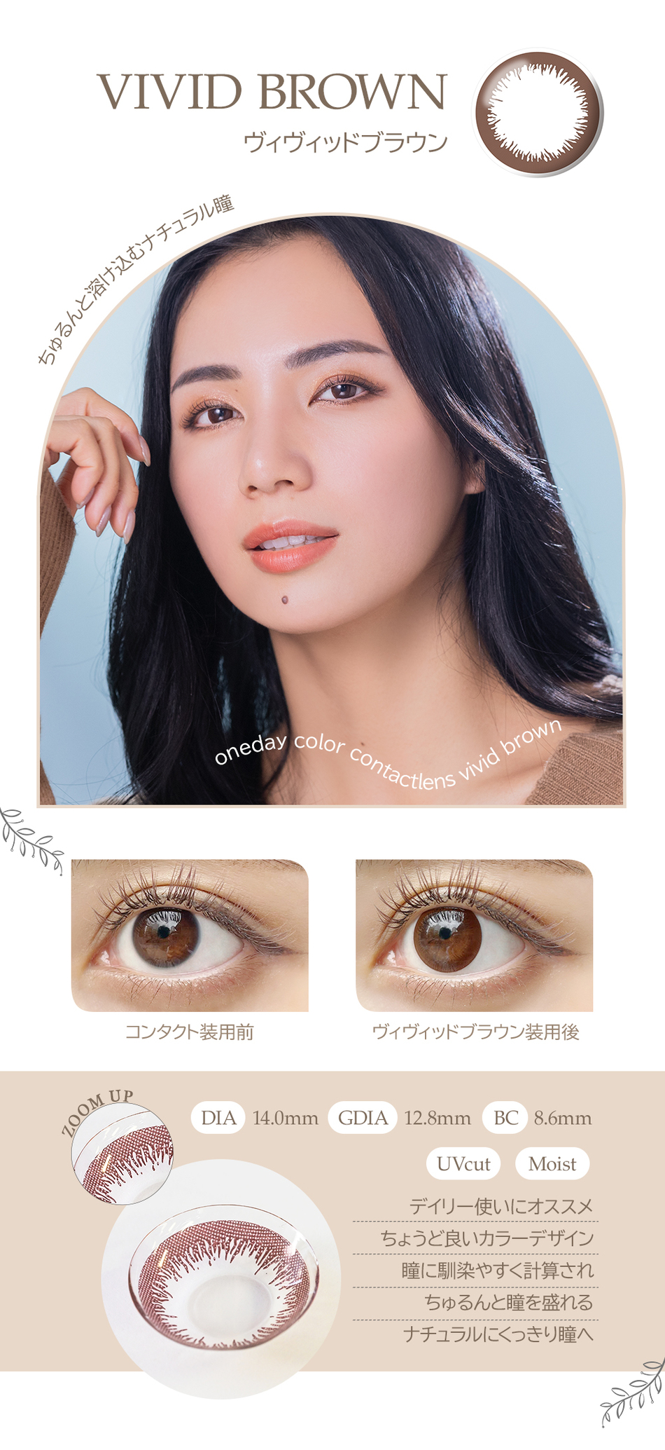 エンジェルアイズワンデーUVモイスト ヴィヴィッドブラウンレンズ詳細