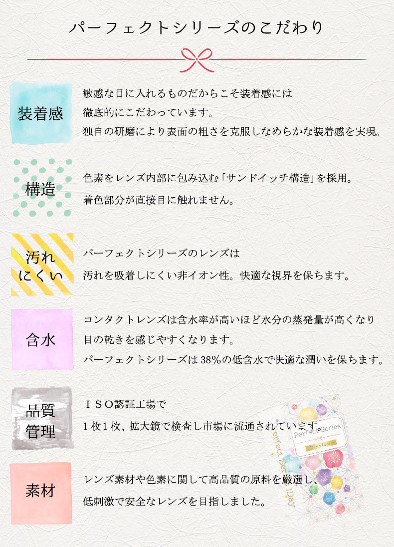 パーフェクトワンデーのこだわり|コスプレカラコン通販アイトルテ